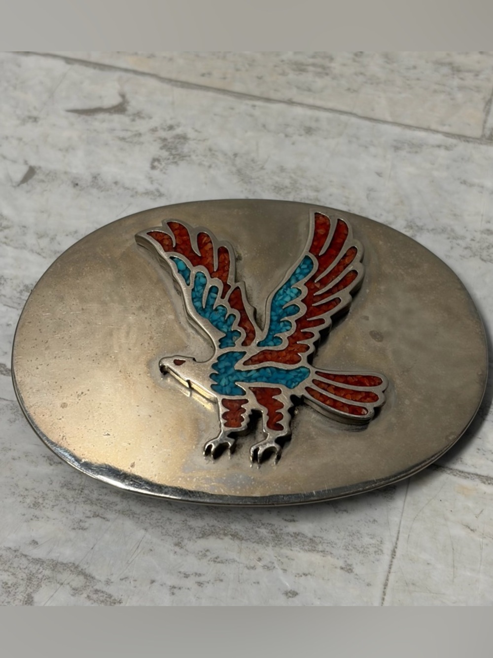 Vintage Flying Eagle Belt Buckle Turquoise Coral Chip Inlay Silver Tone Western